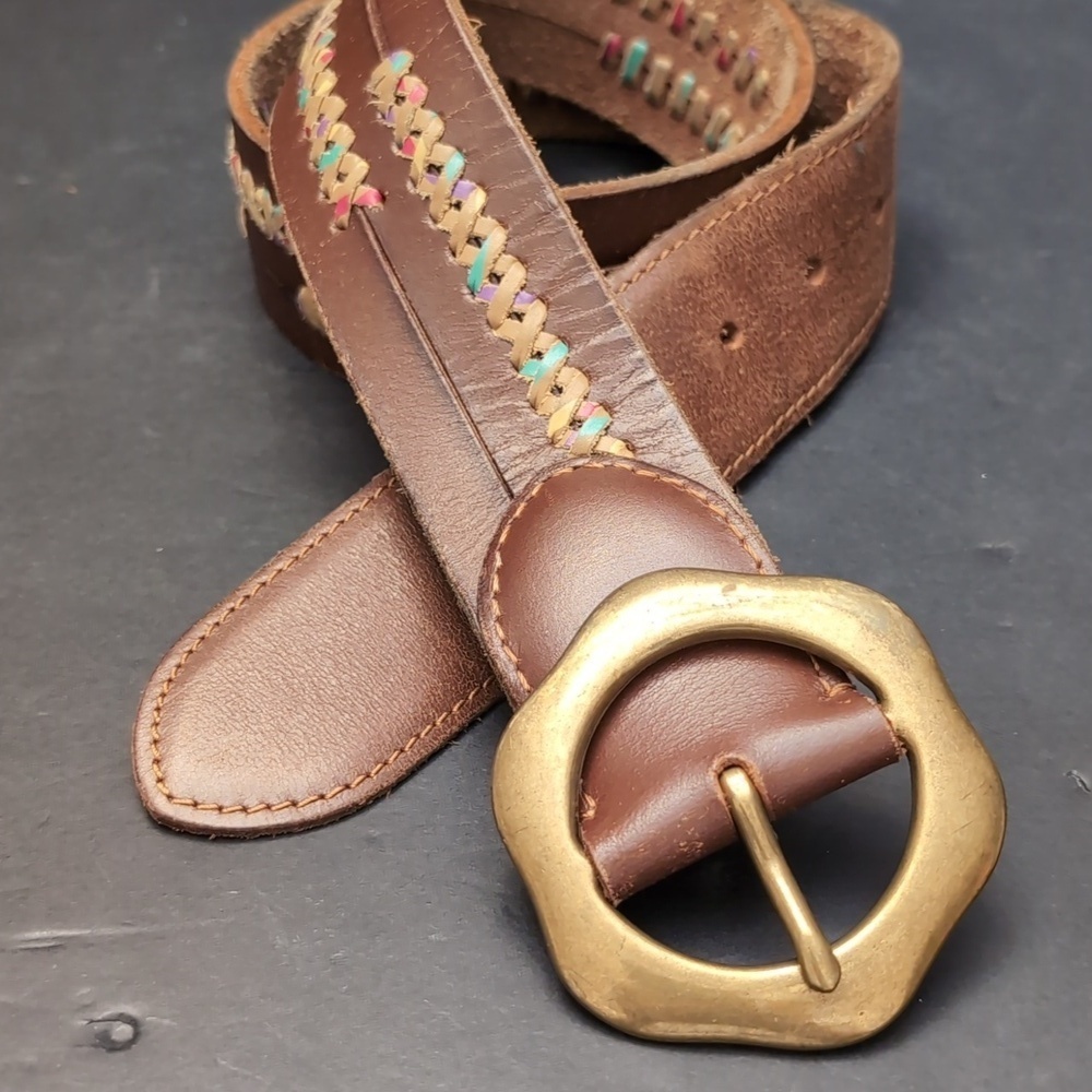 Lucky Brand Women's Brown Leather Belt with Multi-colored Stitching . - Picture 8 of 9